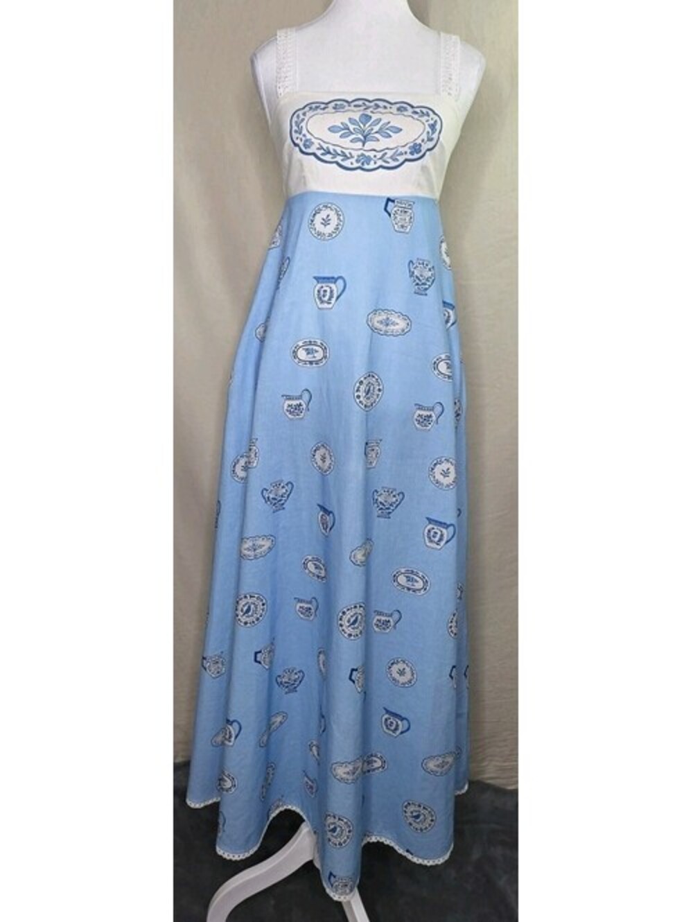 Palm Noosa Ginger Dress Blue White Ceramic Print Maxi Sun Dress US 2 AU 6...
